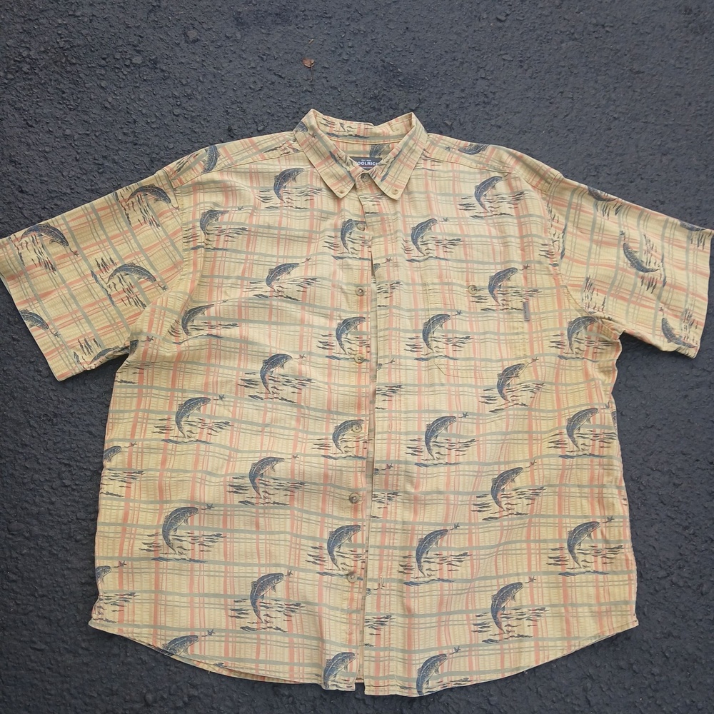 Woolrich Shirt Mens XL Beige Plaid Fish Print Short Sleeve Button Up Outdoor